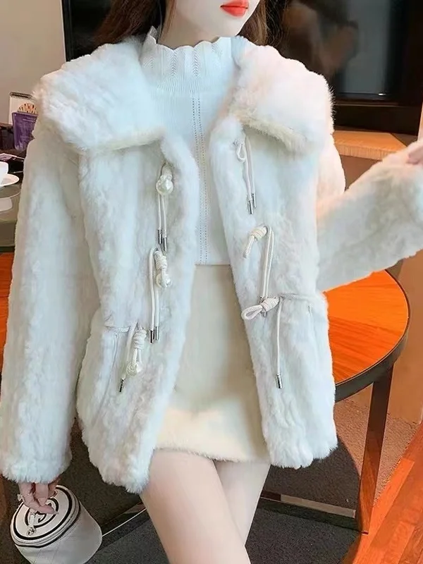 เสื้อโค้ทขนแกะสไตล์เกาหลีสำหรับผู้หญิง รุ่น Thiened สำหรับฤดูหนาว ไซส์เล็ก ทำจากหนังและขนสัตว์