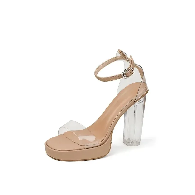 Summer Women Sandals PVC Transparent Buckle Strap Platform Square Heel 12CM High Heels Pumps Lady Sandal Woman Shoes