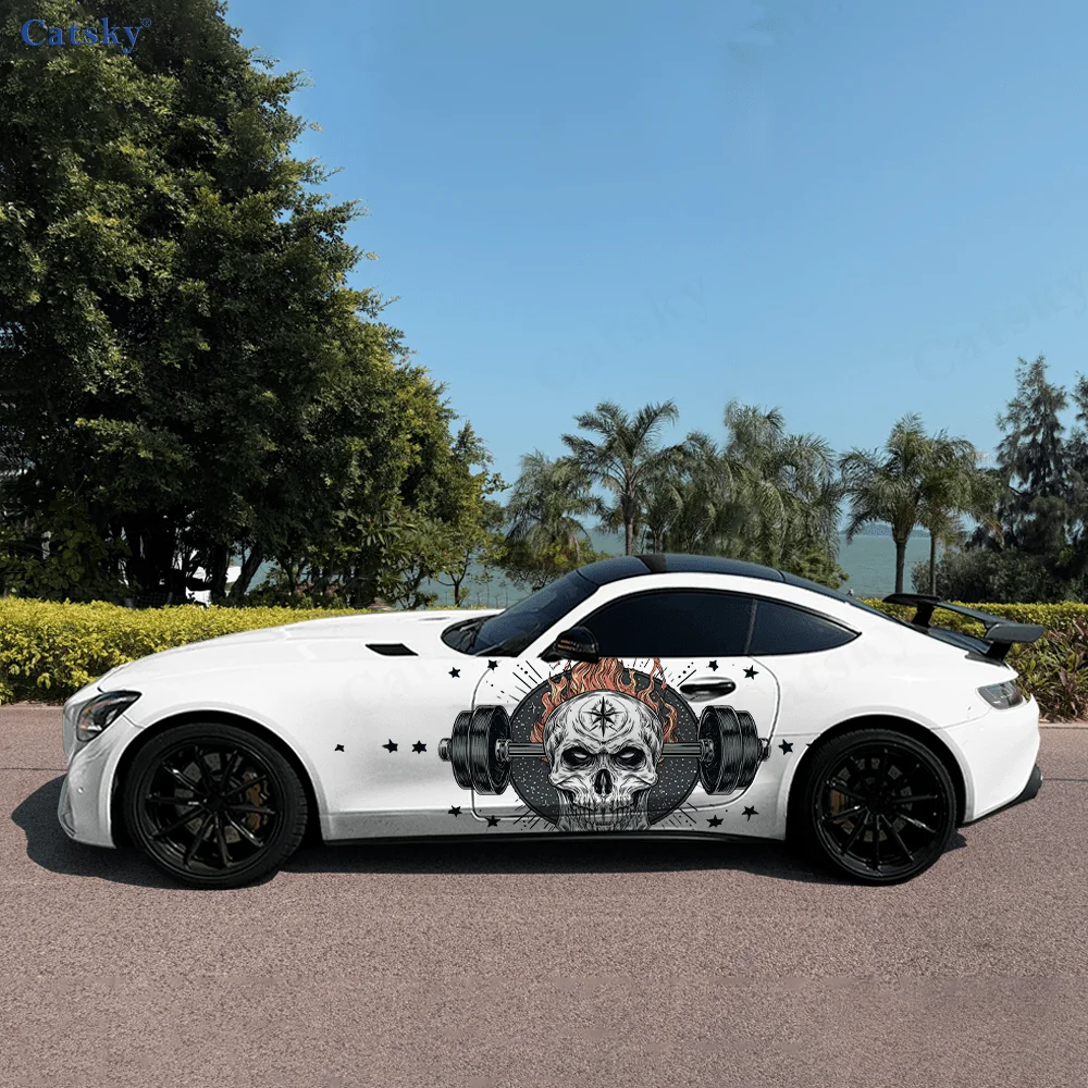 Skull Dumbbell Flame Car Vinyl Wraps Decal Self-adhesive PVC Sticker Suitable for Trucks SUV Decoration Auto Accessories Gift