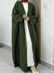 Ramadan Solid Open Front Simple Abayas, Elegant Long Sleeve Maxi Length Cover Up, Women's Clothing