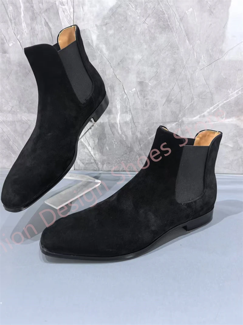 Stivaletti da uomo con fascia elastica Tacco basso in pelle scamosciata nera Street Style Primavera Novità in scarpe casual da uomo di grandi dimensioni 40-47
