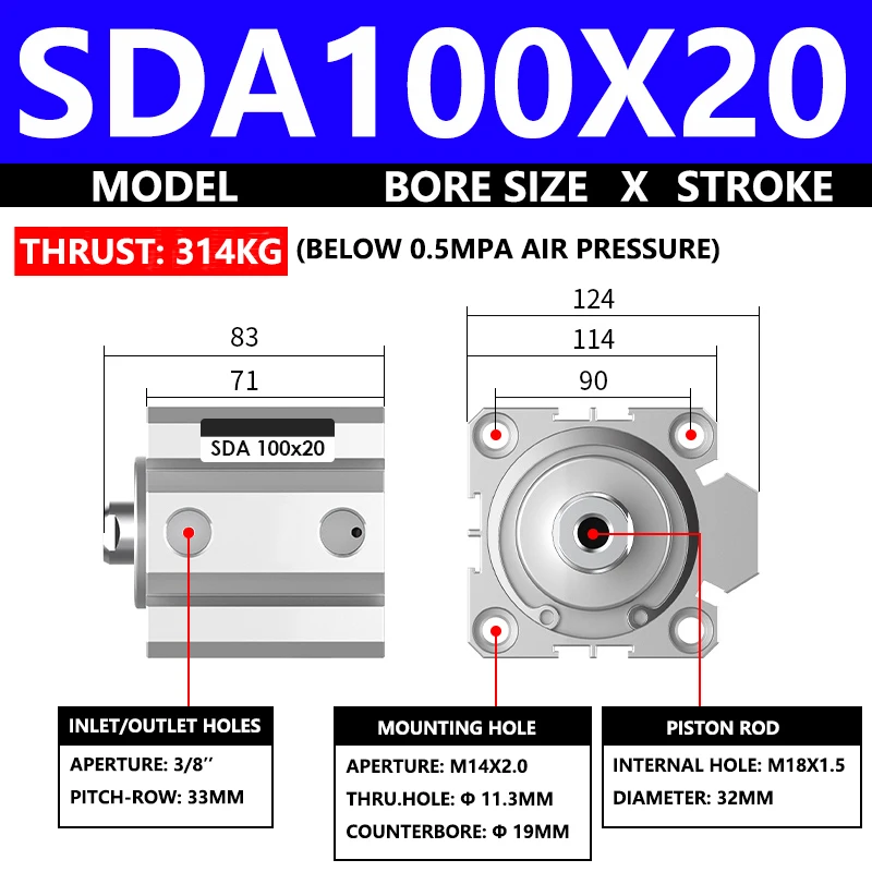ABILKEEN SDA100X20 SDA Series Thin Air Cylinder 100MM Female Thread Bore X 20MM Stroke Double Acting Pneumatic Compact Cylinder