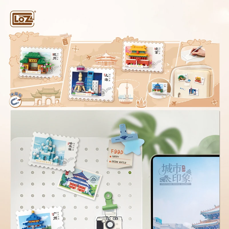 LOZ City Landmark Building Blocks Postcard Style Fridge Magnet DIY Mini Brick Set Desktop Display Stand Travel Souvenir Gift