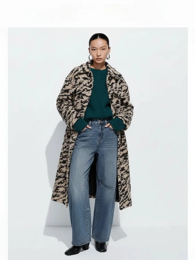 

ACOUSOTG Classic Turn-down Collar Mid-length Thickened Woolen Coat Women's Zebra Pattern Loose Windbreaker Autumn Winter
