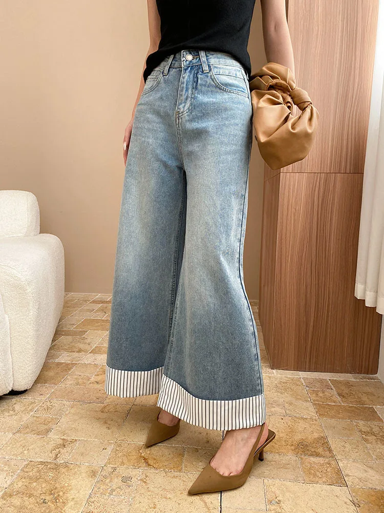 FANAN Contrast Color Spliced Jeans Women's High Waist Straight Wide Leg Denim Pants Washed Trousers 2025 Spring New Fashion