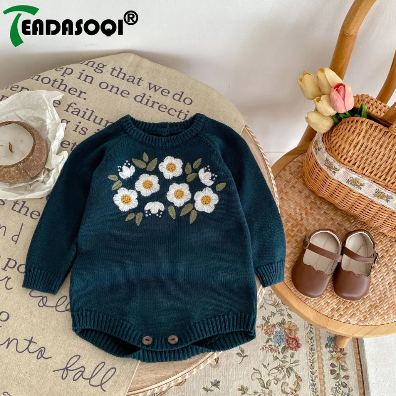 

2024 Autumn Spring Jumpsuits Toddler Bodysuits Newborn Baby Girls Full Sleeve Embroidery Flower Infant Kids Cotton Clothing 0-2Y