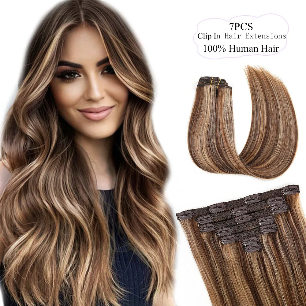 Seamless Clip In Remy Human Hair Extensions Balayage Medium Brown Mixed Strawberry Blonde Clip In Hair Extension Real Human Hair