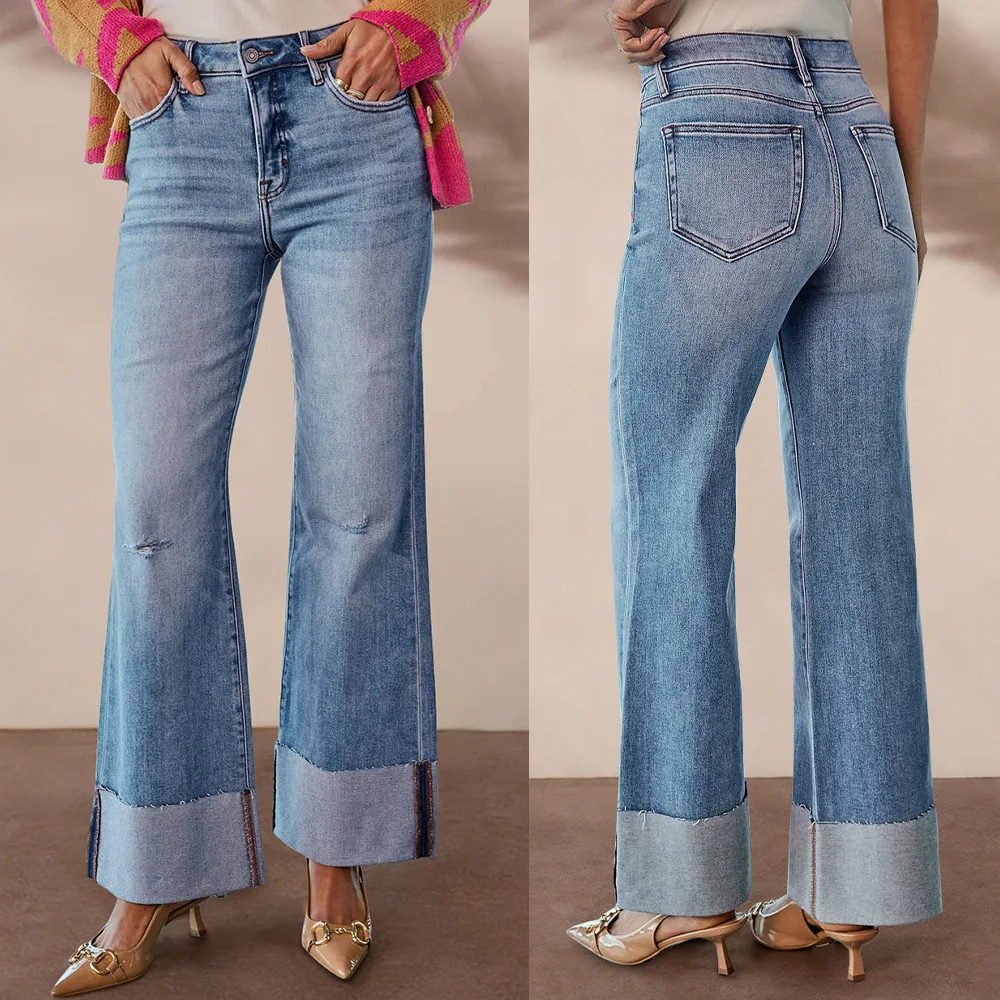 

2026 Spring Summer New High Waist Rolled Hem Wide Leg Denim Pants Women Ripped Patchwork Casual Straight Long Pants