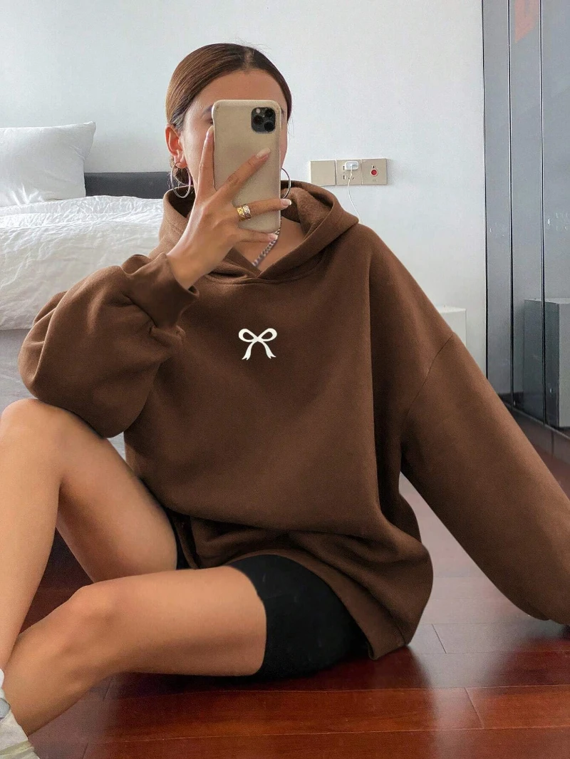 هوديي نسائي كاجوال مبطن حراريًا بلون سادة، مقاس فضفاض، بلايز بأكمام طويلة، ملابس خريفية، سويت شيرت مبطن بالصوف للخريف/الشتاء #6