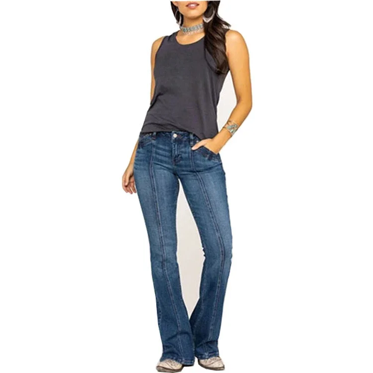 Calças flare mulheres jeans denim pant bolsos sólidos cintura alta emendado solto ajuste streetwear lavagem 2025 zíper voar comprimento total