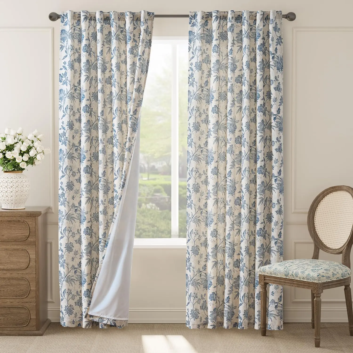

Lined Linen Floral Curtains for Living Room, 84 Inch Length Printed Flower Farmhouse Patterned French Country Back Tab B