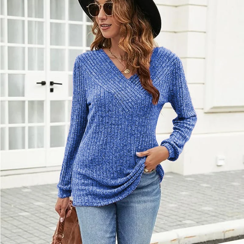 Women Autumn and Winter New Trendy V-Neck Solid Knitted Loose Look Thinner Casual Plus Size Sweater Versatile Long-sleeved Tops