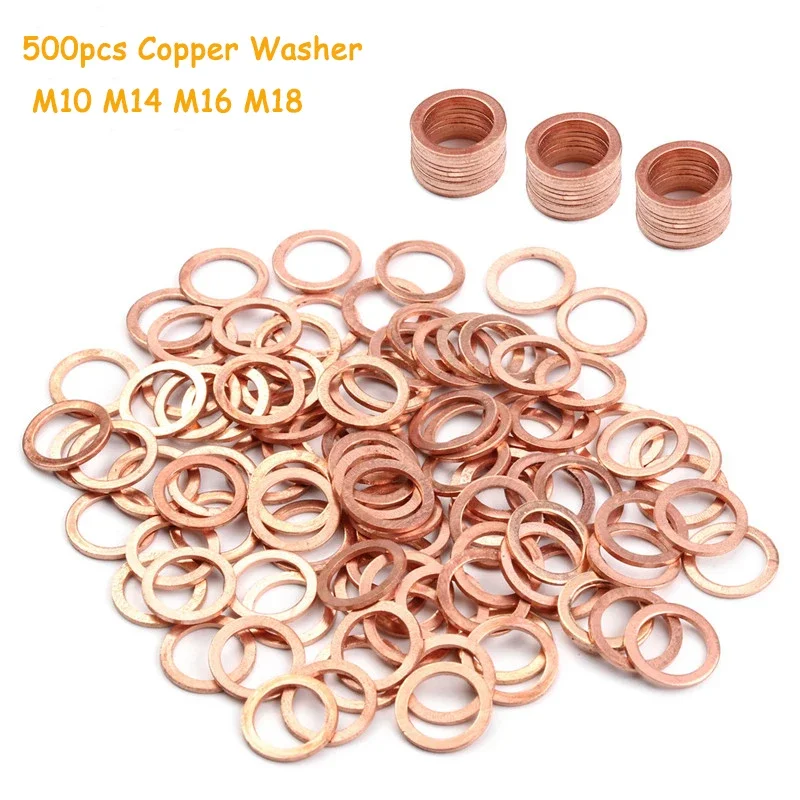 Arandela de cobre sólido de 500 piezas, junta de anillo plano, tapón de sumidero, accesorios de aceite, arandelas de sellado, sujetador, accesorios de Hardware