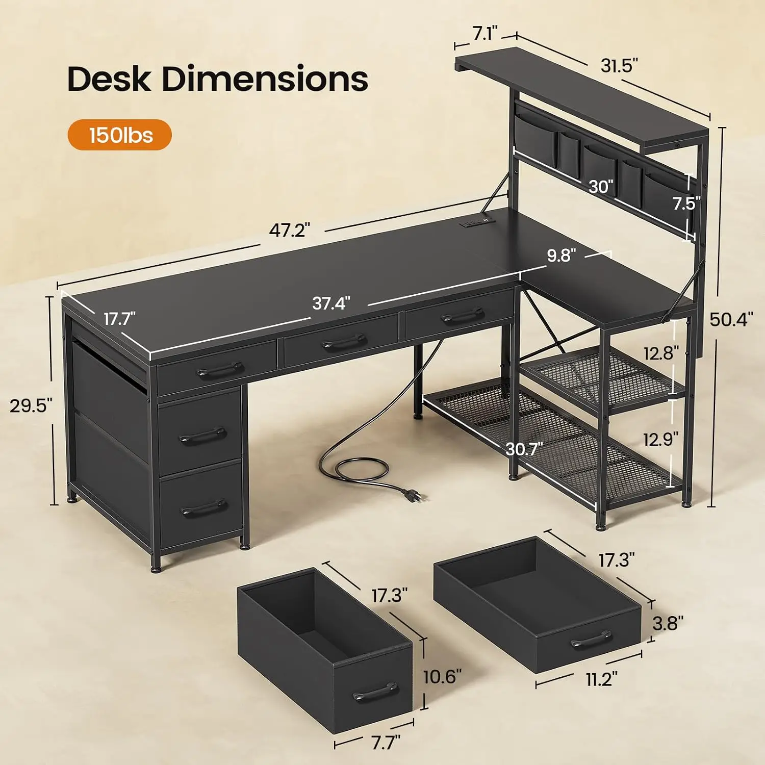 L Shaped Desk with 5 Drawers & Shelves, Reversible Desk with Bookshelf, Corner Desk with LED Lights & Power Outlets, Customized