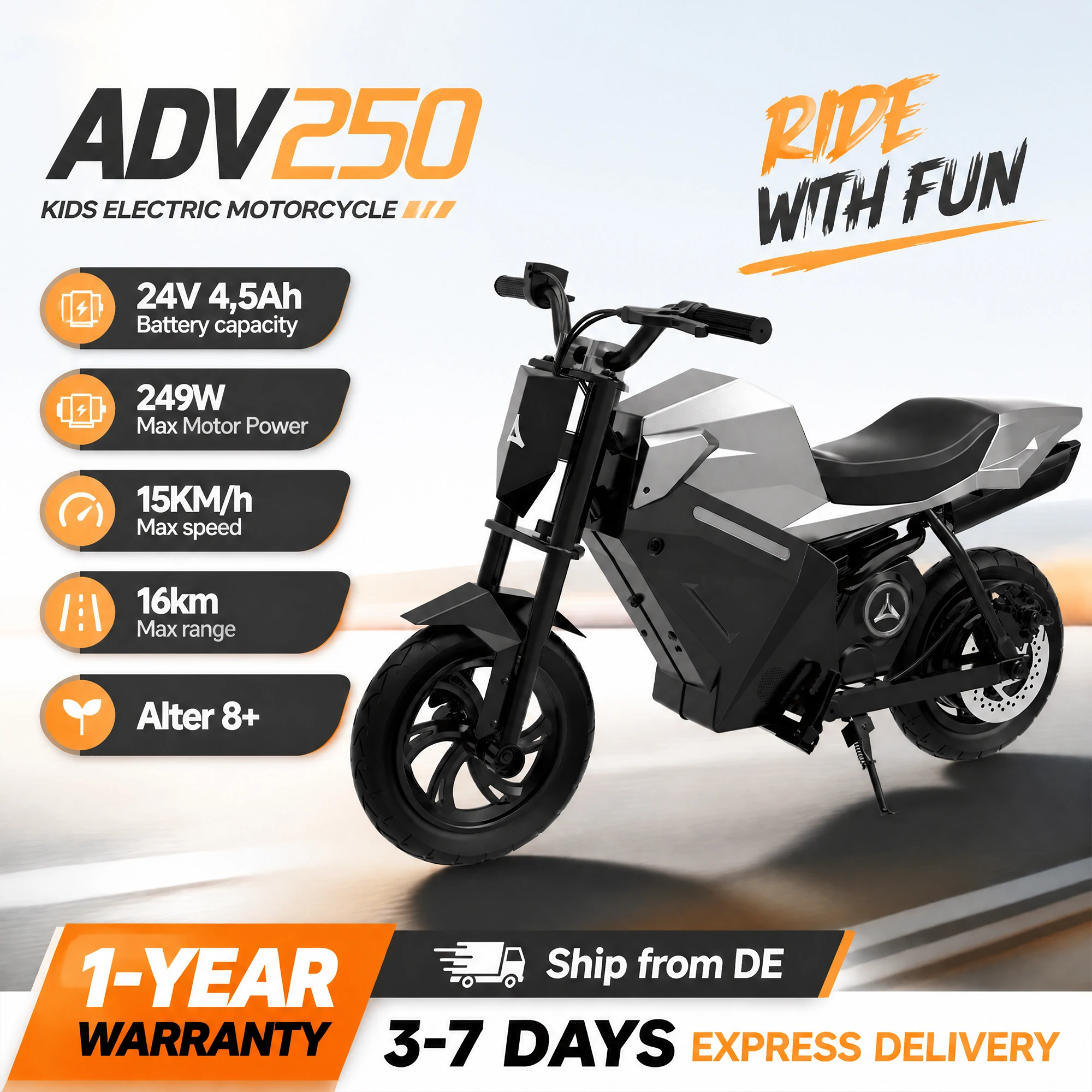 ADV250 Elektrische Kindermotorfiets, 21.6V 4Ah Elektrische Kindermotor, Elektrische Motorfiets voor Kinderen, Max. 16 km/u Snelheid, 16 km Bereik, FT 1H Oplaadtijd, Leuke Cadeaus, 12 Inch All-Terrain