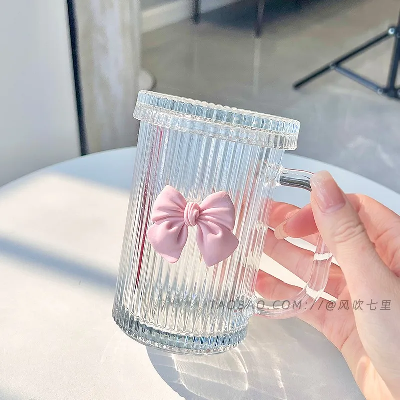 

380ML Transparent Drinking Glasses with Pink Bow Stripe Glass Cup with Lid and Straw for Juice Iced Coffee Water Cup Drinkware