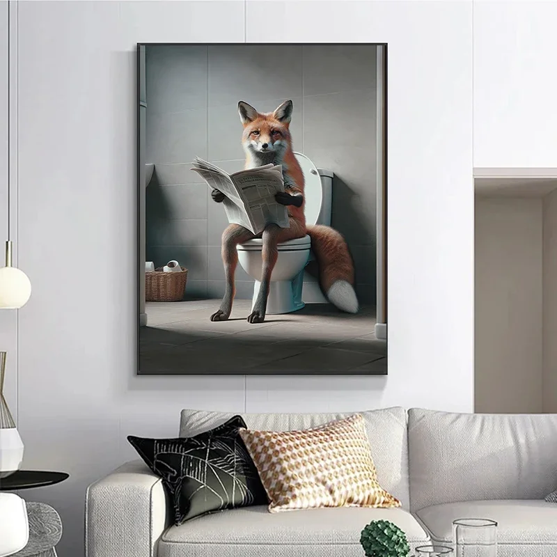 Reading Newspaper on Toilet Pelican Flamingo Kangaroo Canvas Painting Animals Wall Art Poster Print for Bathroom Home Decor