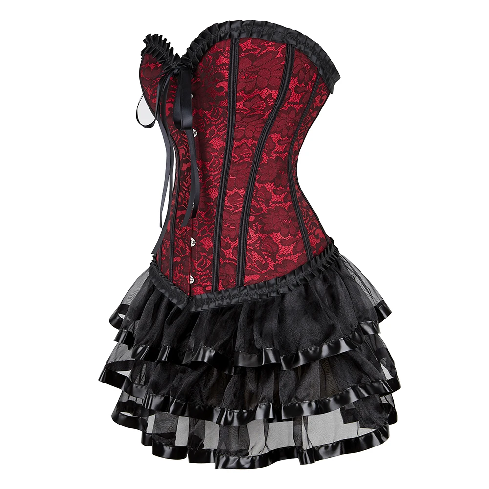 Corset Dresses for Women Sexy Lace Up Boned Overbust Corsets Bustiers Top with Mini Tutu Skirt Sets Victorian Fashion Gown