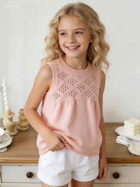 2026 Spring Girls Bow Hollow Knit Tank Dress Pretty Bow Decoration Sweet and Girlish Thin and Breathable Match Shirts