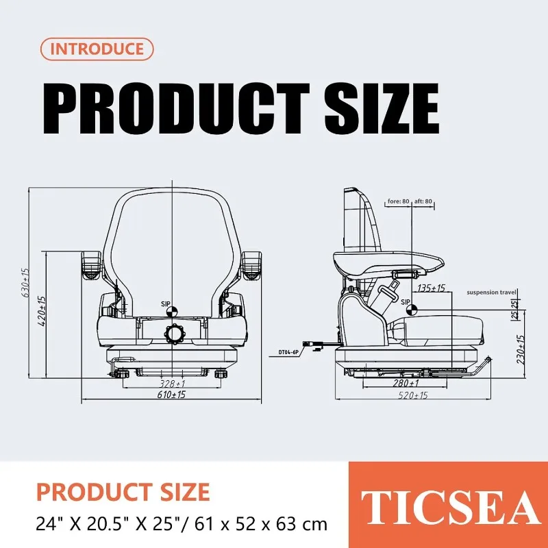 Asiento de suspensión para tractor, cortacésped bajo con respaldo alto, respaldo ajustable y rieles deslizantes, amortiguador de reposabrazos resistente