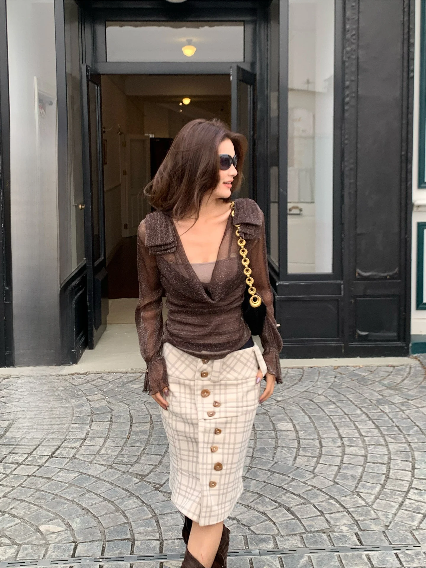 

Весенний комплект из двух предметов: женская приталенная блузка с V-образным вырезом и пайетками, длинный рукав, шифон, модный ретро-стиль, нейлоновая ткань