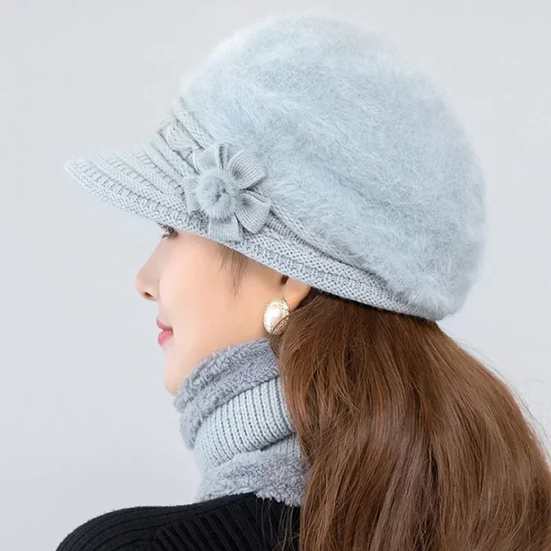 Women Winter Hat Keep Warm Cap Add Fur Lined Hat and Scarf Set Warm Hats for Female Casual Rabbit Fur Winter Knitted Hat