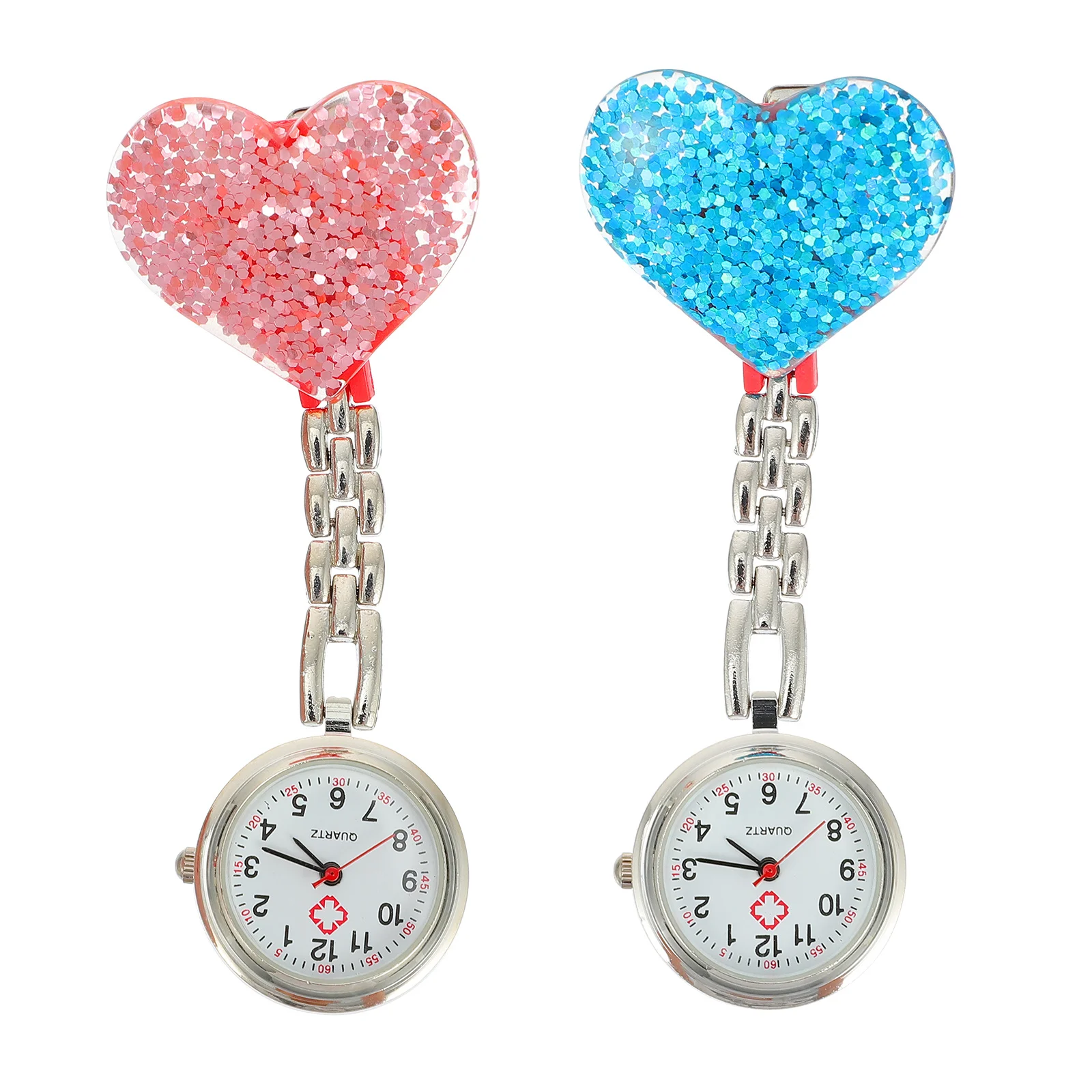 2Pcs Heart-Shaped Crystal Nurse Watch Exquisite Decorative Clip-on Timepiece for Medical Staff Gift Nurse Watch