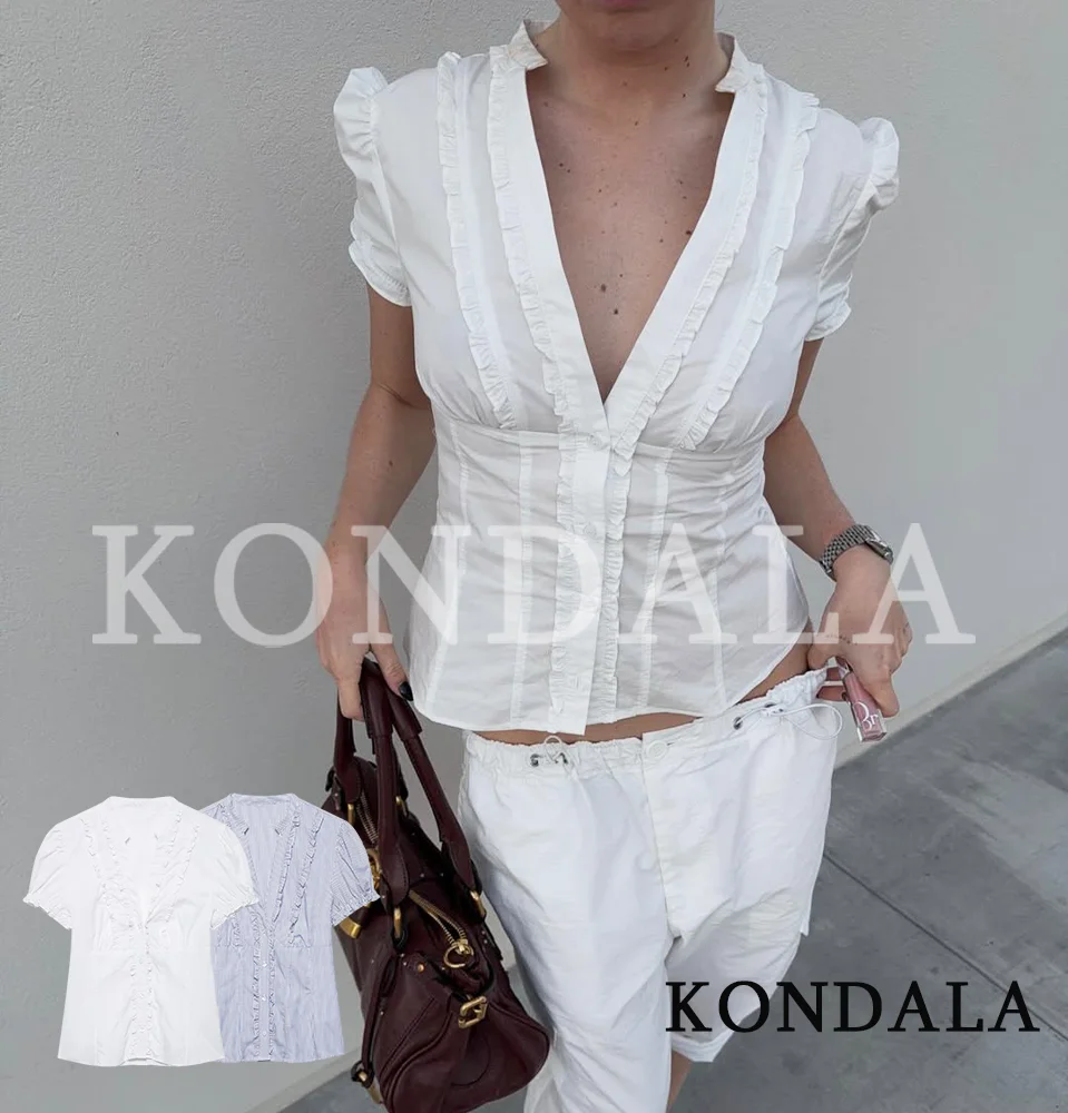 KONDALA Damen Freizeithemden Sommer Pendler High-Street Popeline Plissierte Hemden Damen 2026 Elegante Kurzarm V-Ausschnitt Hemden