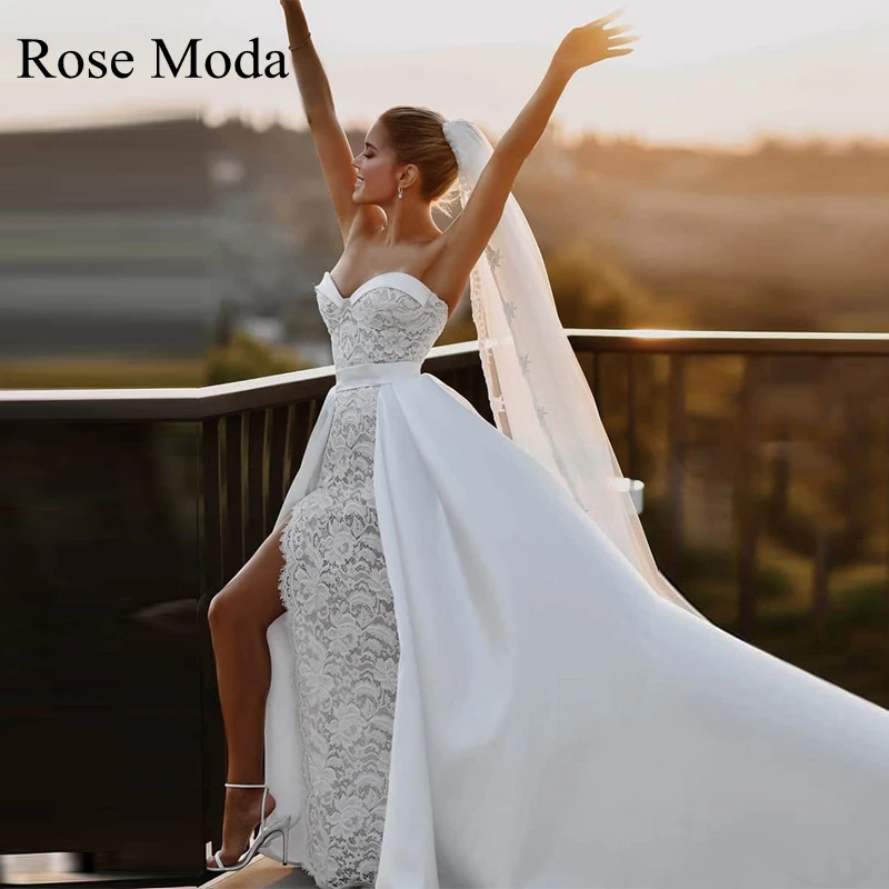 

Rose Moda High Slit Lace Sheath Wedding Dress with Removable Satin Skirt Custom Make