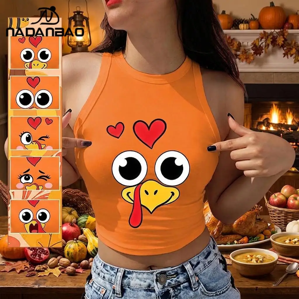 Nadanbao Cartoon Big Eyes Turkey Print Crop Top Women's Sexy Slim Vest Summer Orange Sleeveless Tank Tops Thanksgiving Funny Tee