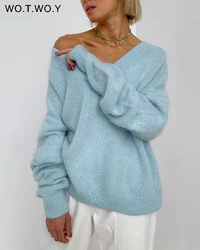 2023 Early Spring V-Neck Cashmere Sweater Women Soft Casual Basic Knitted Jumpers Female White Pink Loose Pullovers Fall