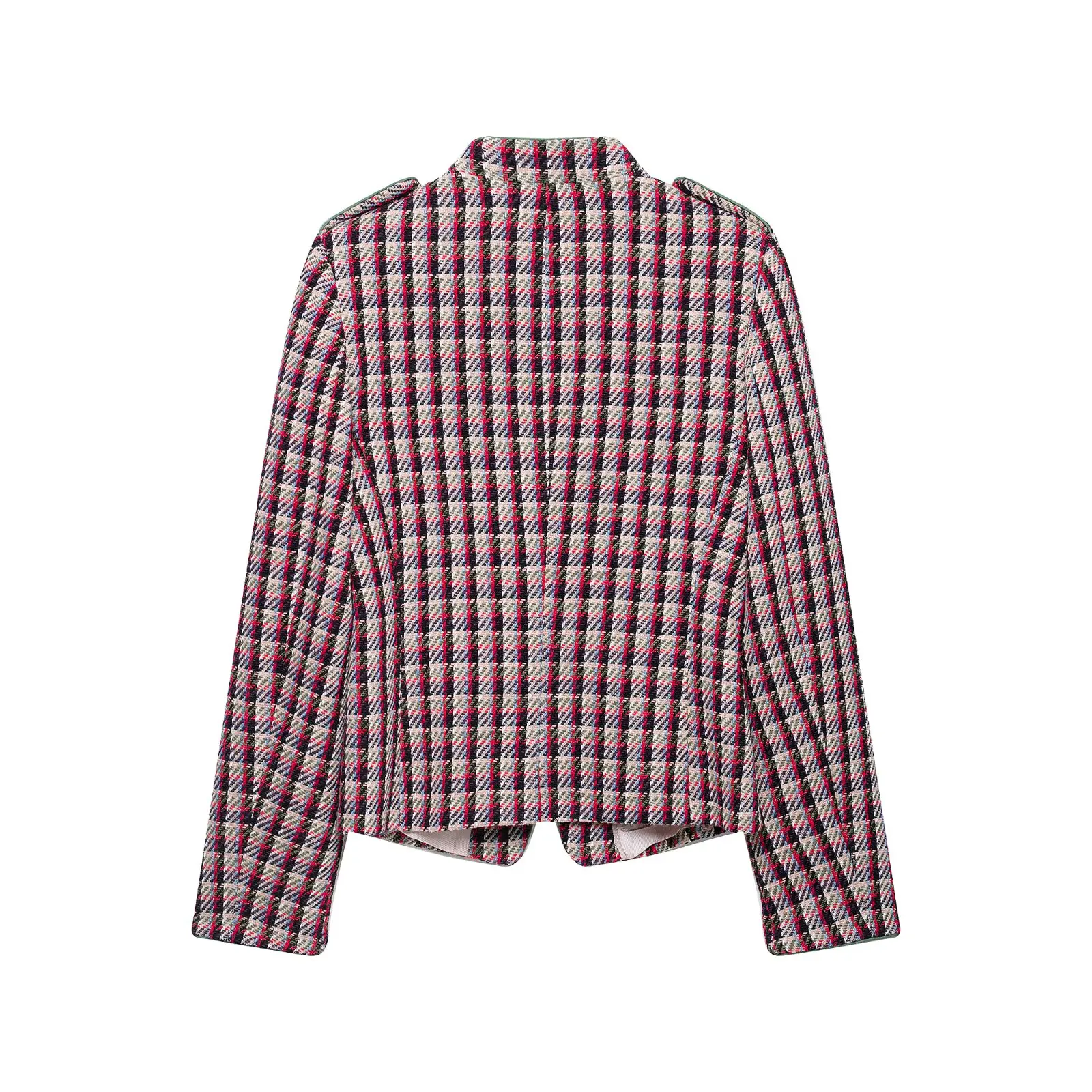 Autumn New Women's Long Sleeve Stand Collar Plaid Structured Shoulder Pad Blazer