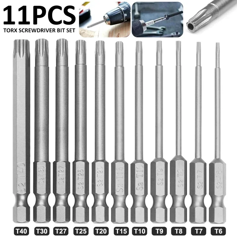 11Pcs Torx Screwdriver Bit Set 1/4 Inch Professional Magnetic Star S2 Steel Hex Shank Tough Torx Star Hex Security Security Set