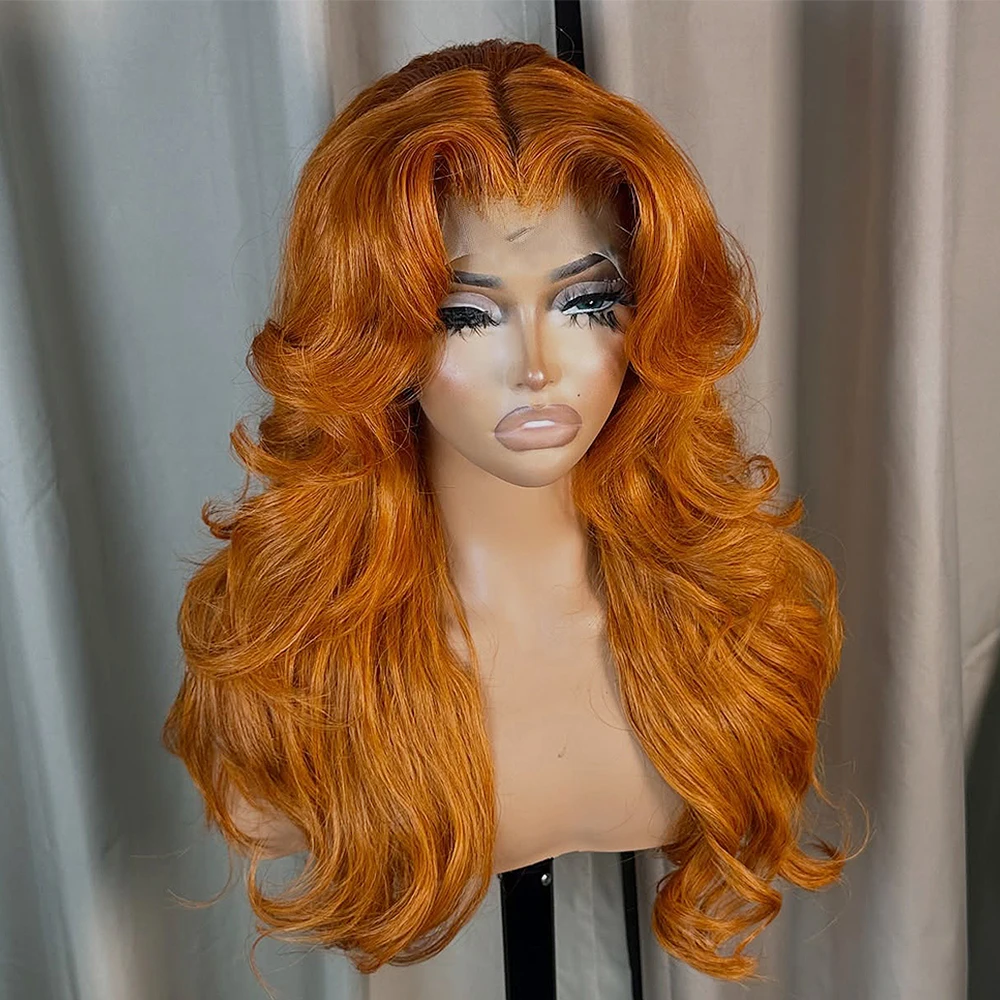 Плотность 400, 36 дюймов, оранжевый, имбирь, объемная волна, бесклеевой парик 13X6HD, прозрачные кружевные фронтальные парики для женщин, бразильский Remy, предварительно сорванные
