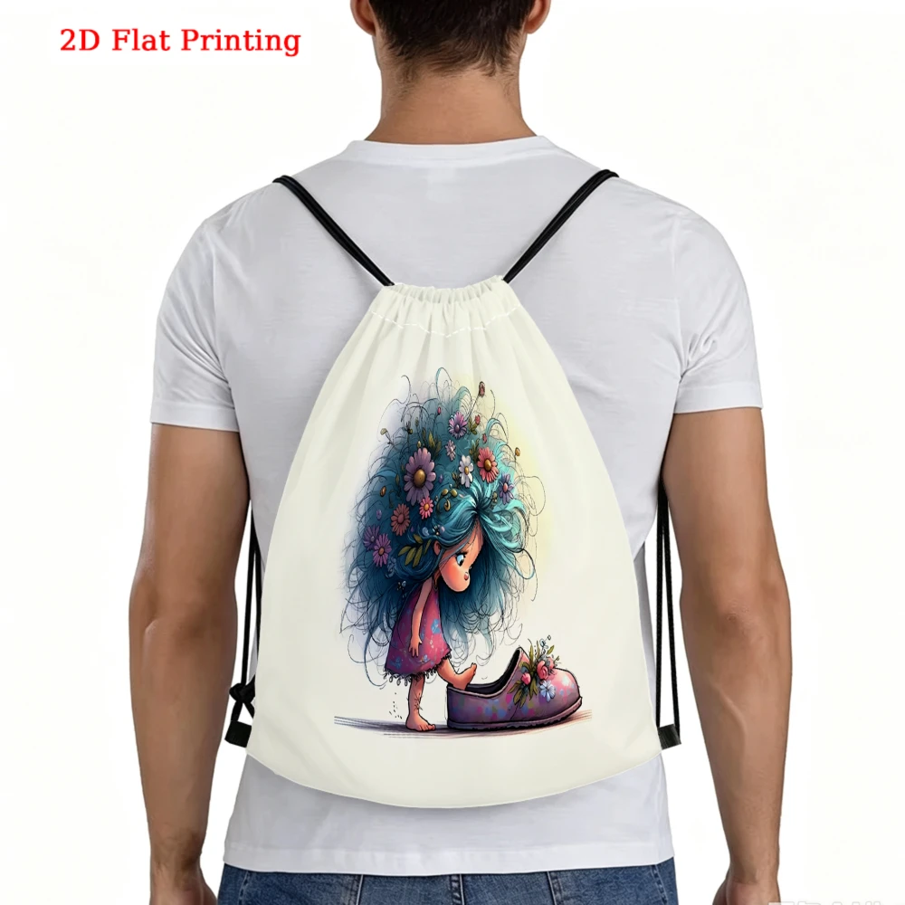 Anime Style Drawstring Backpack 2D Flat Print Girl With Flower Hair Gym Sports Outdoor Travel Bag