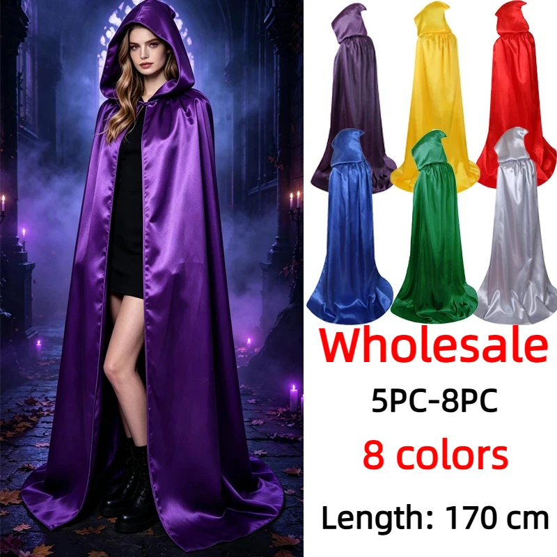 Halloween Long Hooded Cape for Unisex Gothic Witch Robe Solid 170CM Length Cloak Death Cosplay Costume for Party Show Wholesale