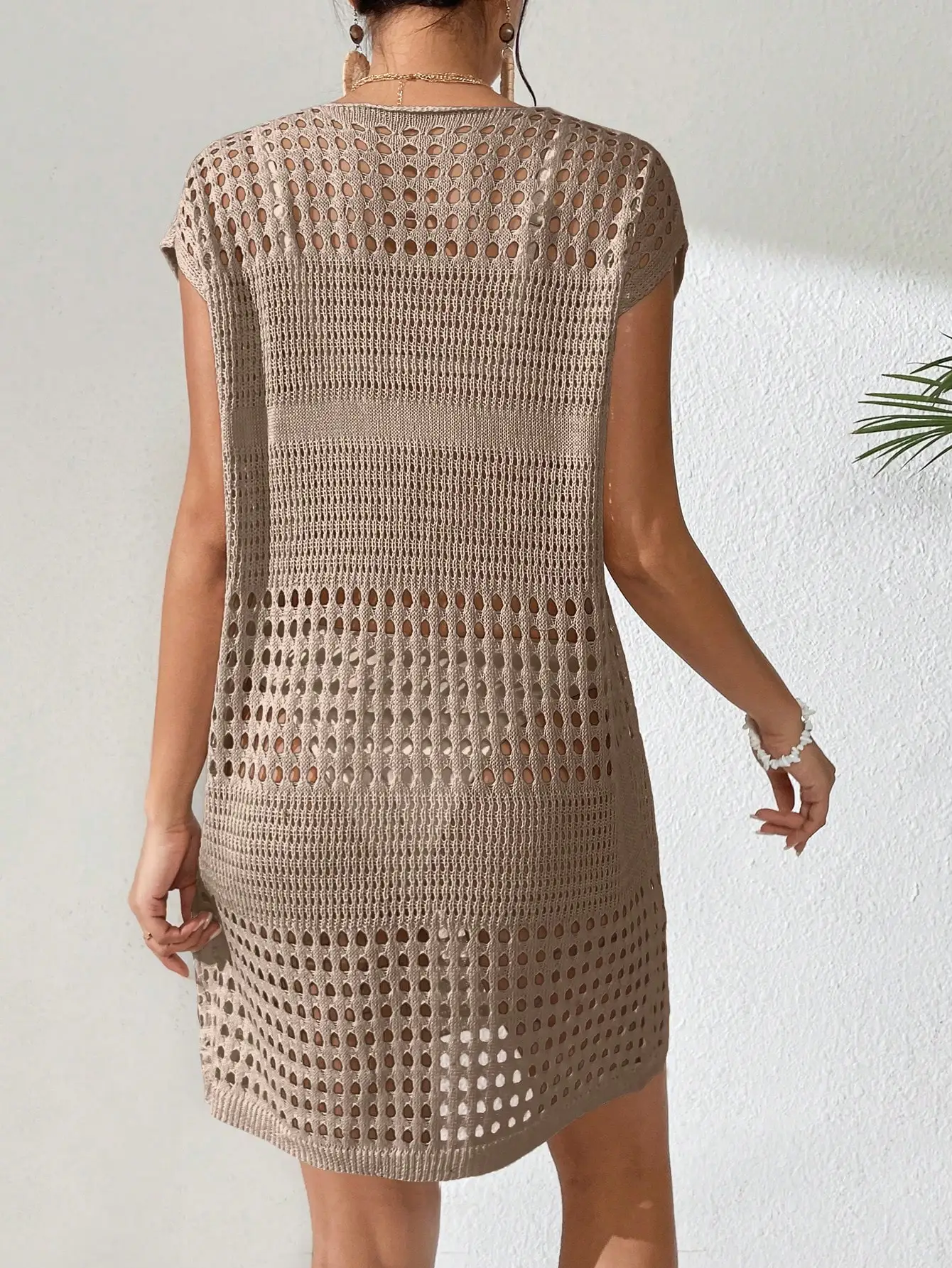 

Knitted Beach Cover-Up Dress With Openwork Pattern For Summer Resort Wear