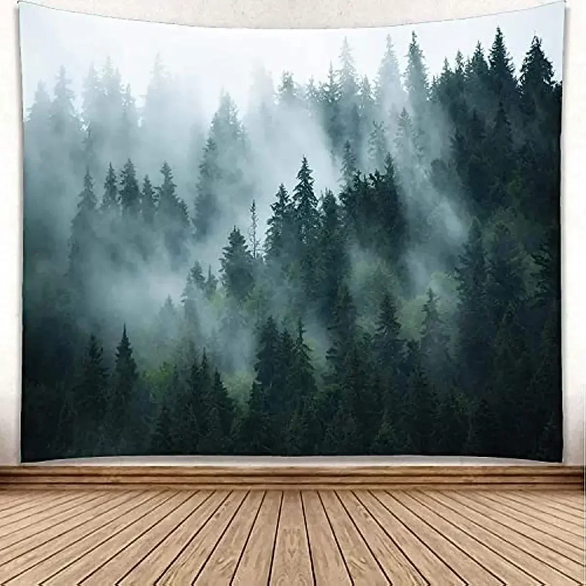 Misty Forest Tapestry, Foggy Tree Wall Hanging Small Tapestries Nature Pine Woodland Wall Art for Bedroom Living