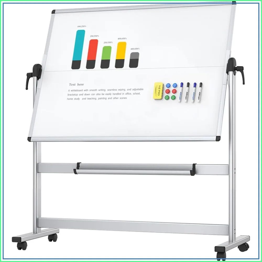 Double-Sided Rolling Whiteboard 48x36, Magnetic Dry Erase Board with Stand, 360° Rotatable, 4 Lockable Wheels, for Office, School, Home