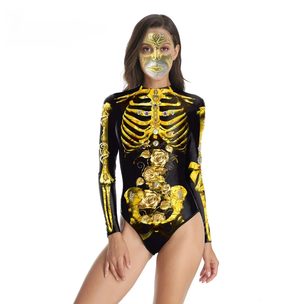 [Teanoon] Scary Ghost Punk Style Skeleton Pattern Print Women Halloween Dress Party Carnival Performance Bodysuits