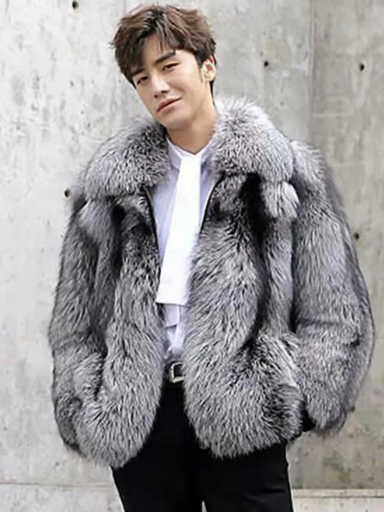 

Мужская зимняя модная утепленная куртка из искусственного меха с серебристым воротником, повседневная теплая куртка, трендовая мужская кожаная куртка
