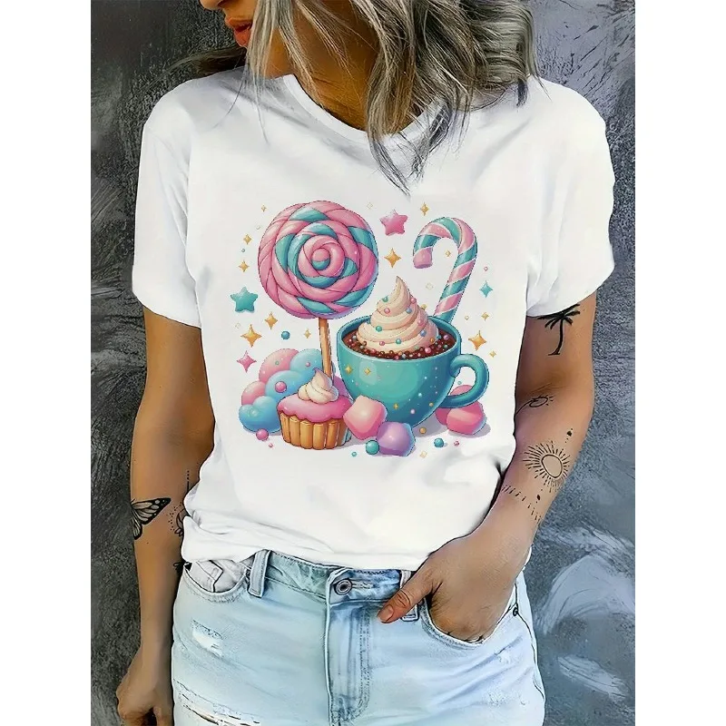 

2025 New Women's Casual Short Sleeved T-shirt Cute Anime Style Cupcake and Lollipop Pattern Fashionable Printed Women's T-shirt