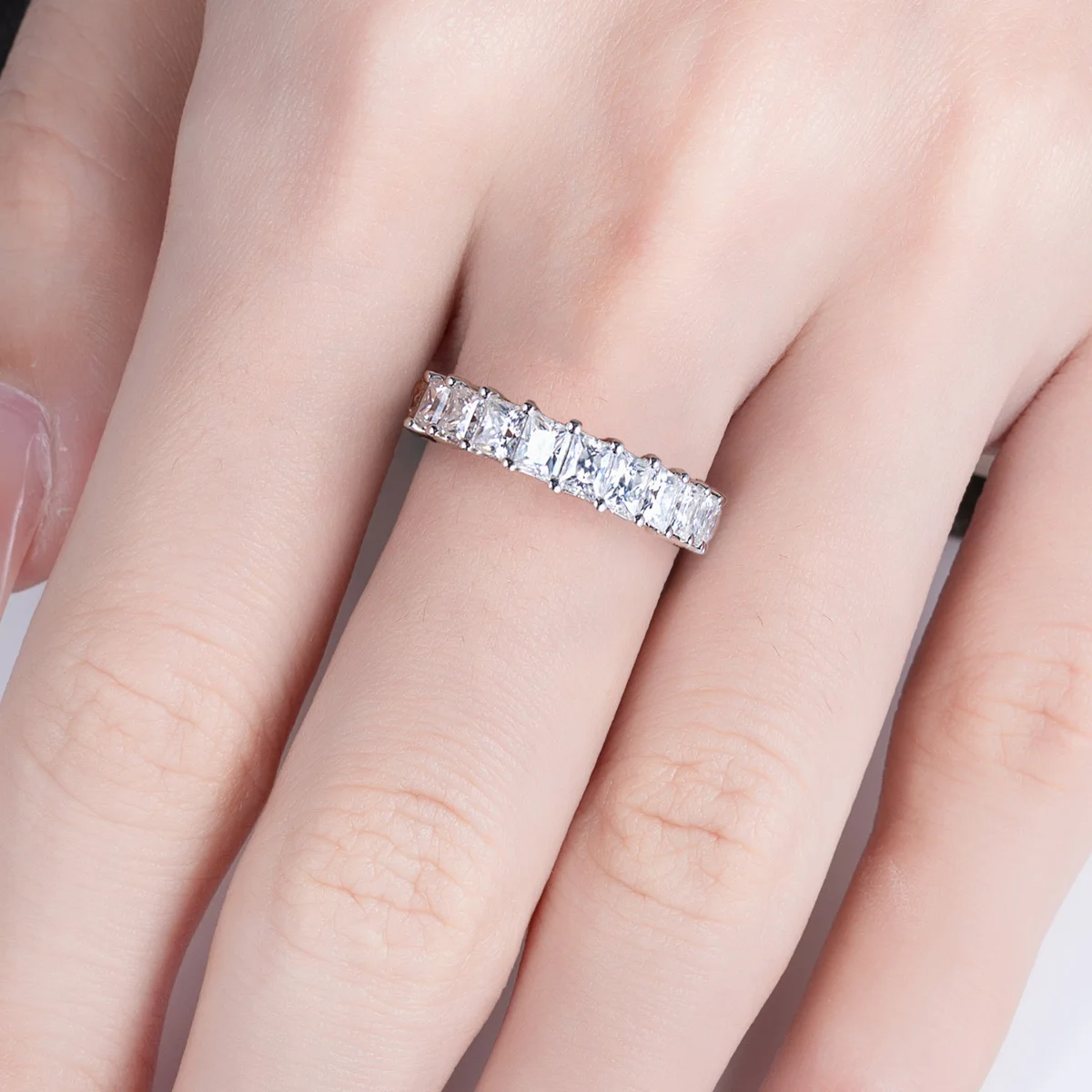 AnuJewel 3MM Princess Cut D Color VVS1 Moissanite Eternity Band S925 Sterling Silver 18K Gold Plated Wedding Promise Ring Pass Diamond Tester Wholesale Jewelry Gifts For Women