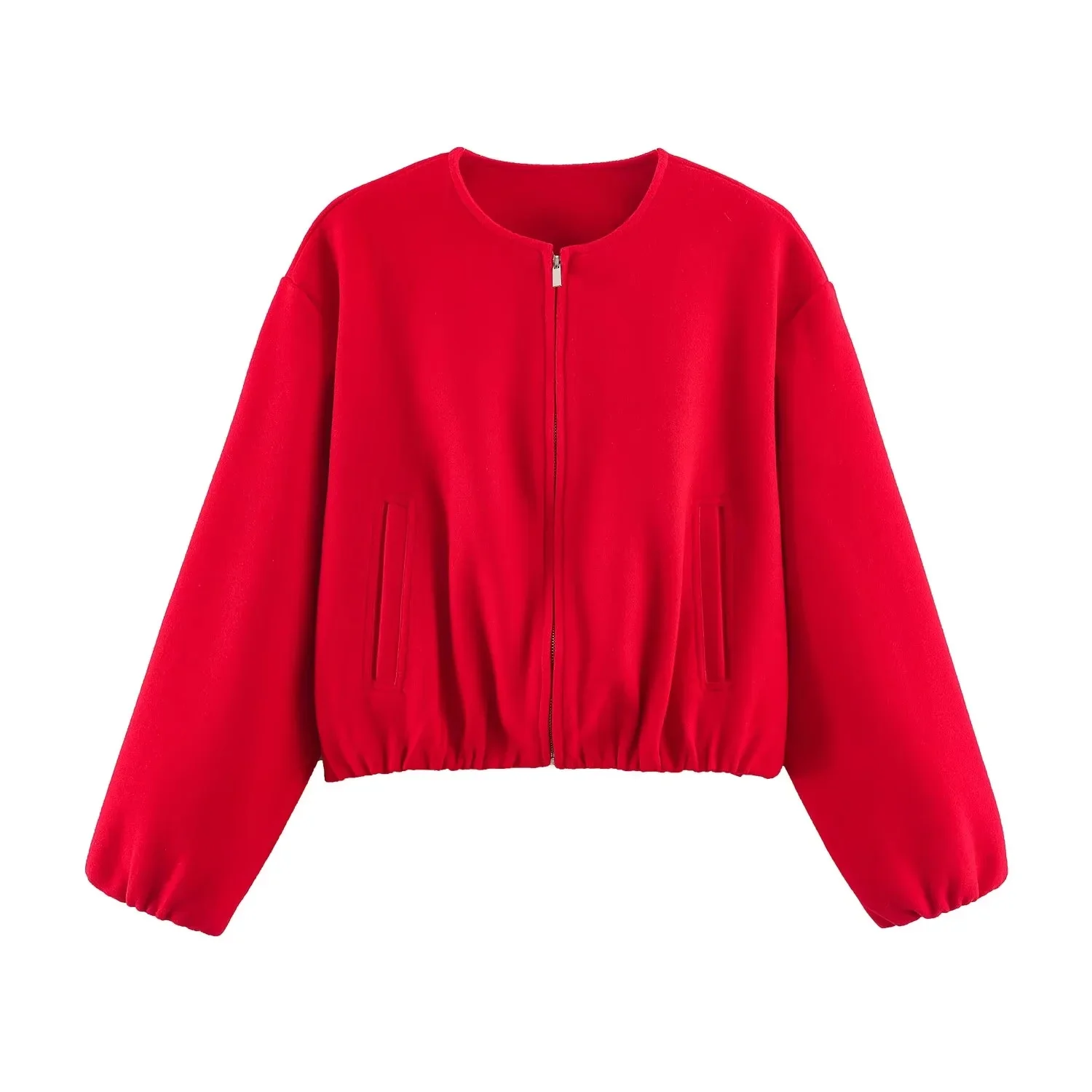 BSAY 2026 Herbst Neue Damen Rundhals-Reißverschluss-Cropped-Bomberjacke Langarm Elastischer Saum Tasche Locker Lässige Kurze Oberbekleidung – Detail 5