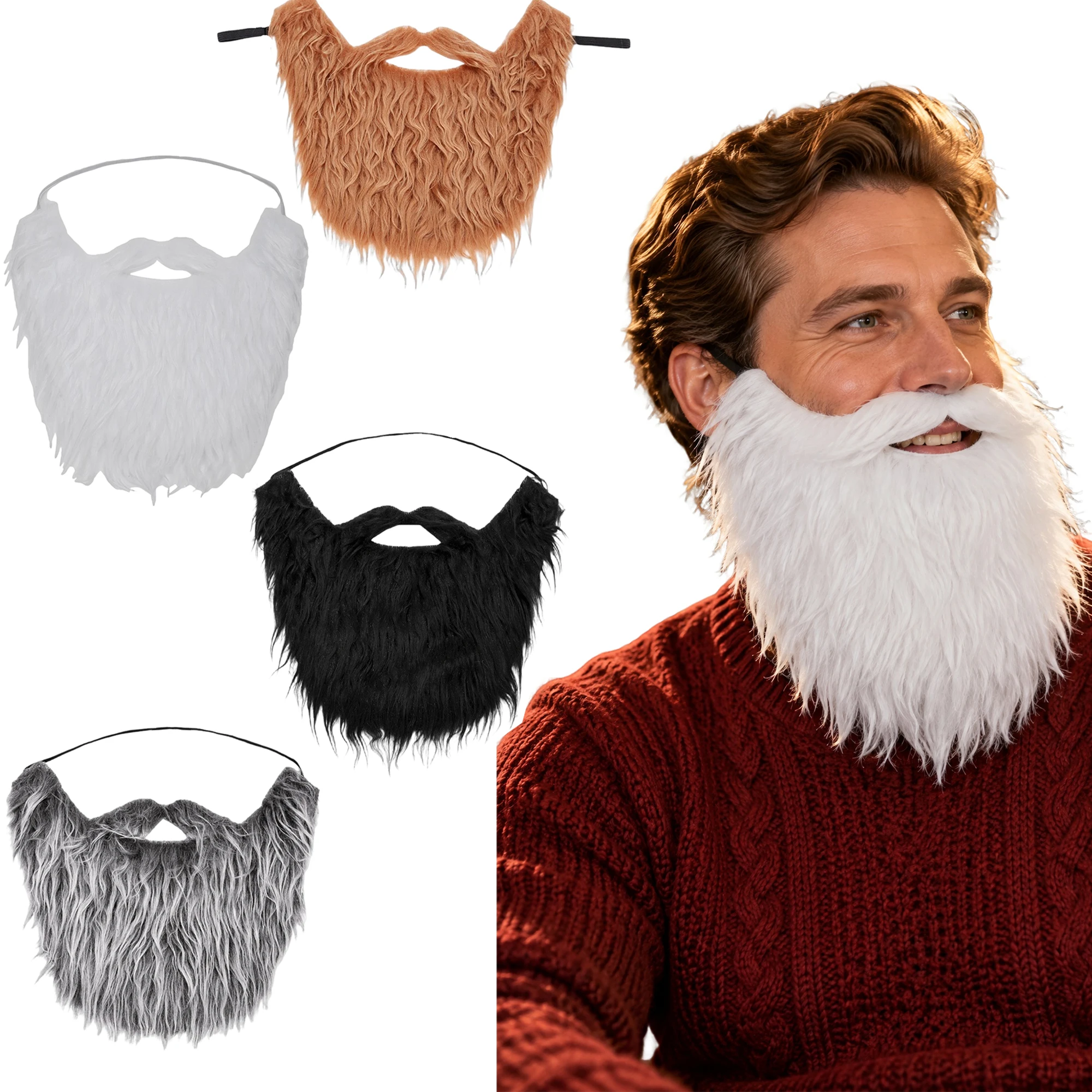 Fake Beard Mustache for Halloween Cosplay, Long Curly Synthetic Hair False Facial Hair for Santa Claus, Viking, Dwarf Costume Pa