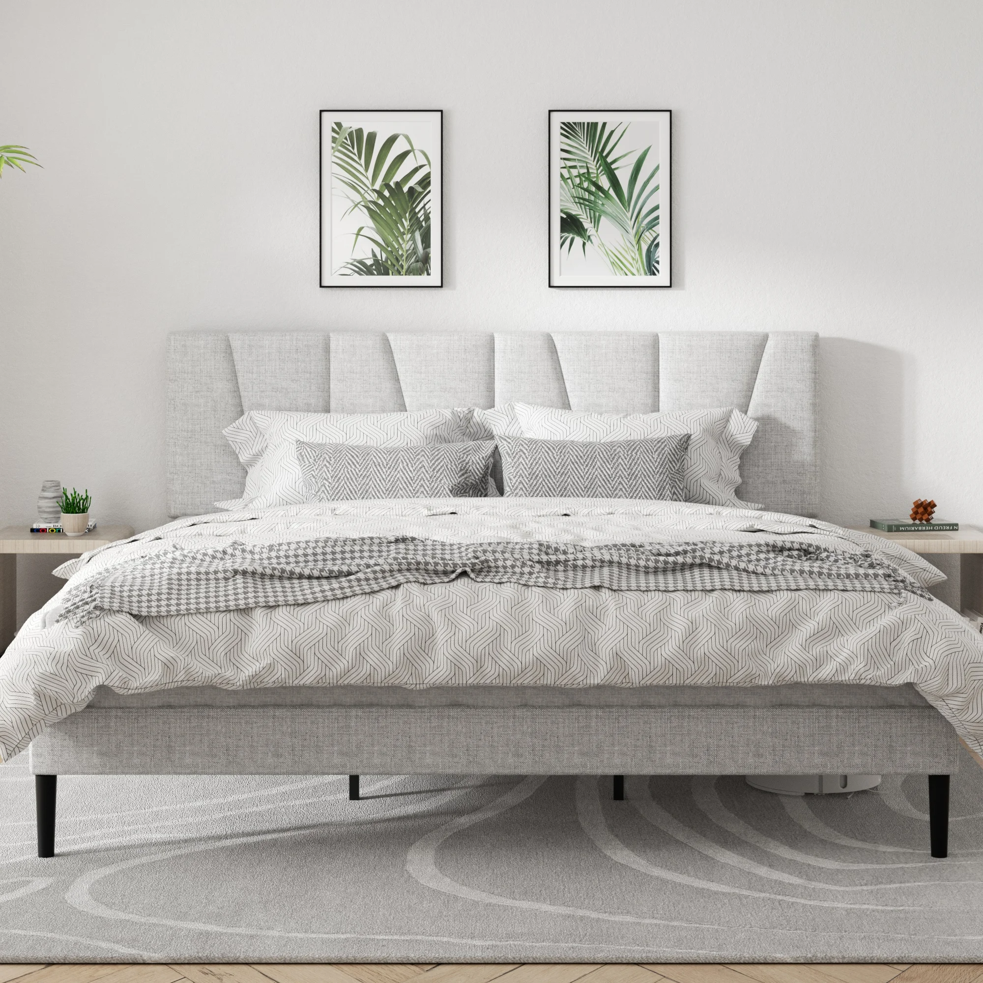 Full Queen King Size Velvet Upholstered Platform Bed Frame, Modern Vertical Channel Padded Headboard, Beige & Light Grey, Wood Slat Support, No Box Spring Needed Bedroom Furniture