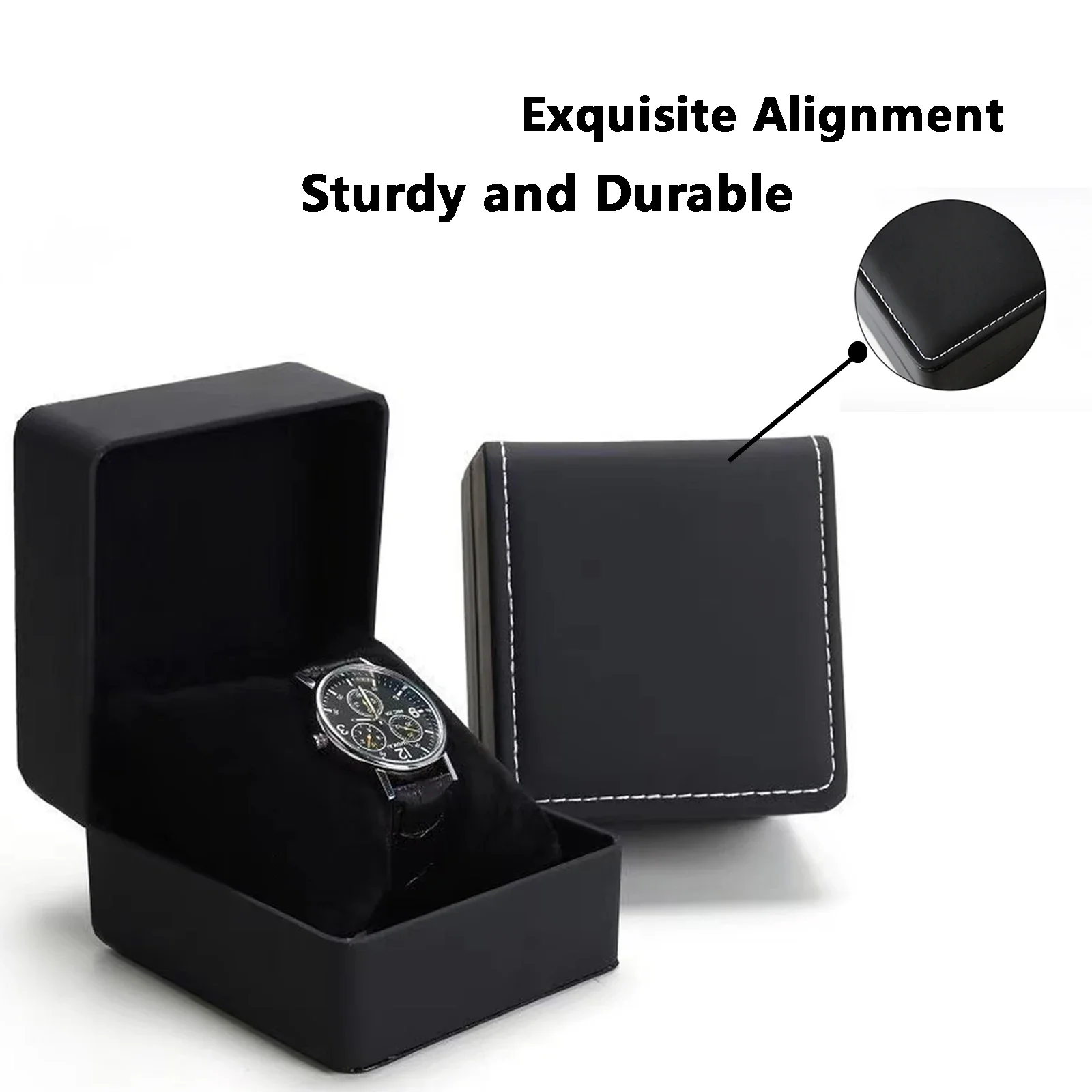 Black Single Watch Gift Box with Pillow PU Leather Wristwatch Display Case Organizer for Men Clamshell PU leather watch case