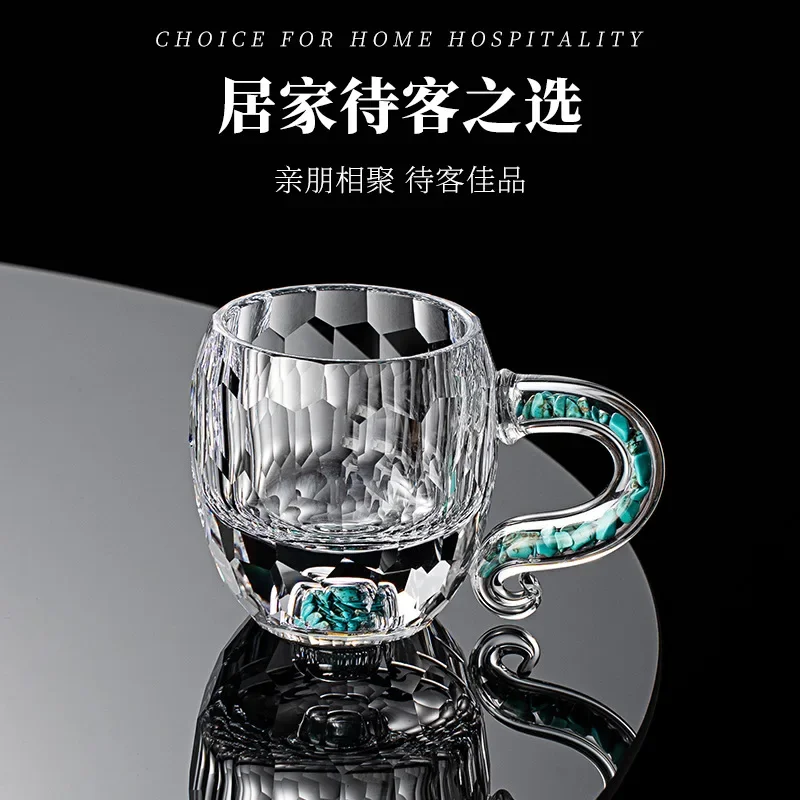 High-grade turquoise teacup women's thickened faceted high-value office teacup crystal glass teacup tea cup