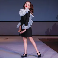 2024 New Dresses Long Sleeve Luxury Ruffles Black Holiday Dress Onepiece Wedding Children's Kid Party Costume Baby Girls Clothes