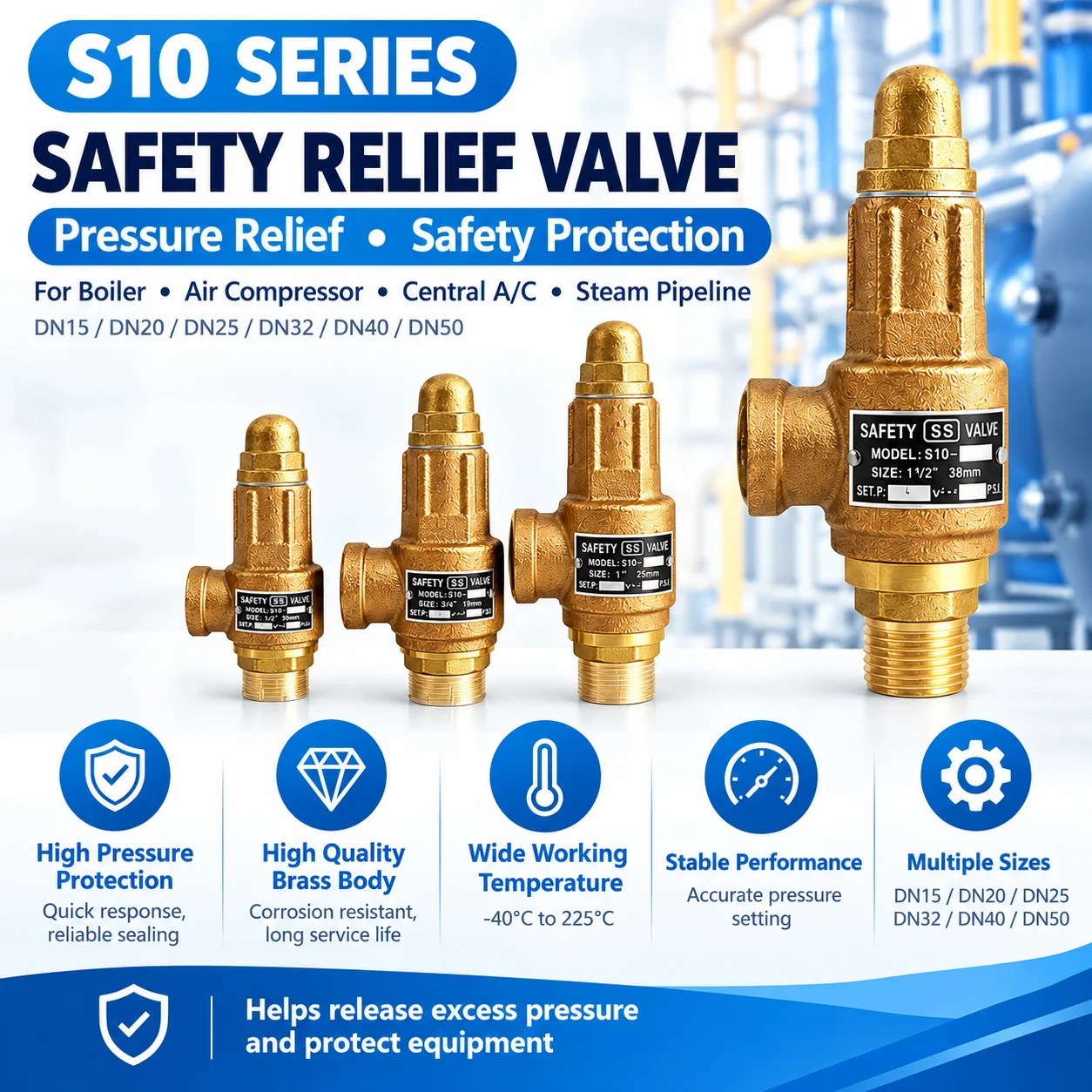 S10 Safety Relief Valve 0.3-16Bar Bronze Pressure Relief Valve for Boiler Air Compressor Steam Pipeline Central AC DN15-DN50